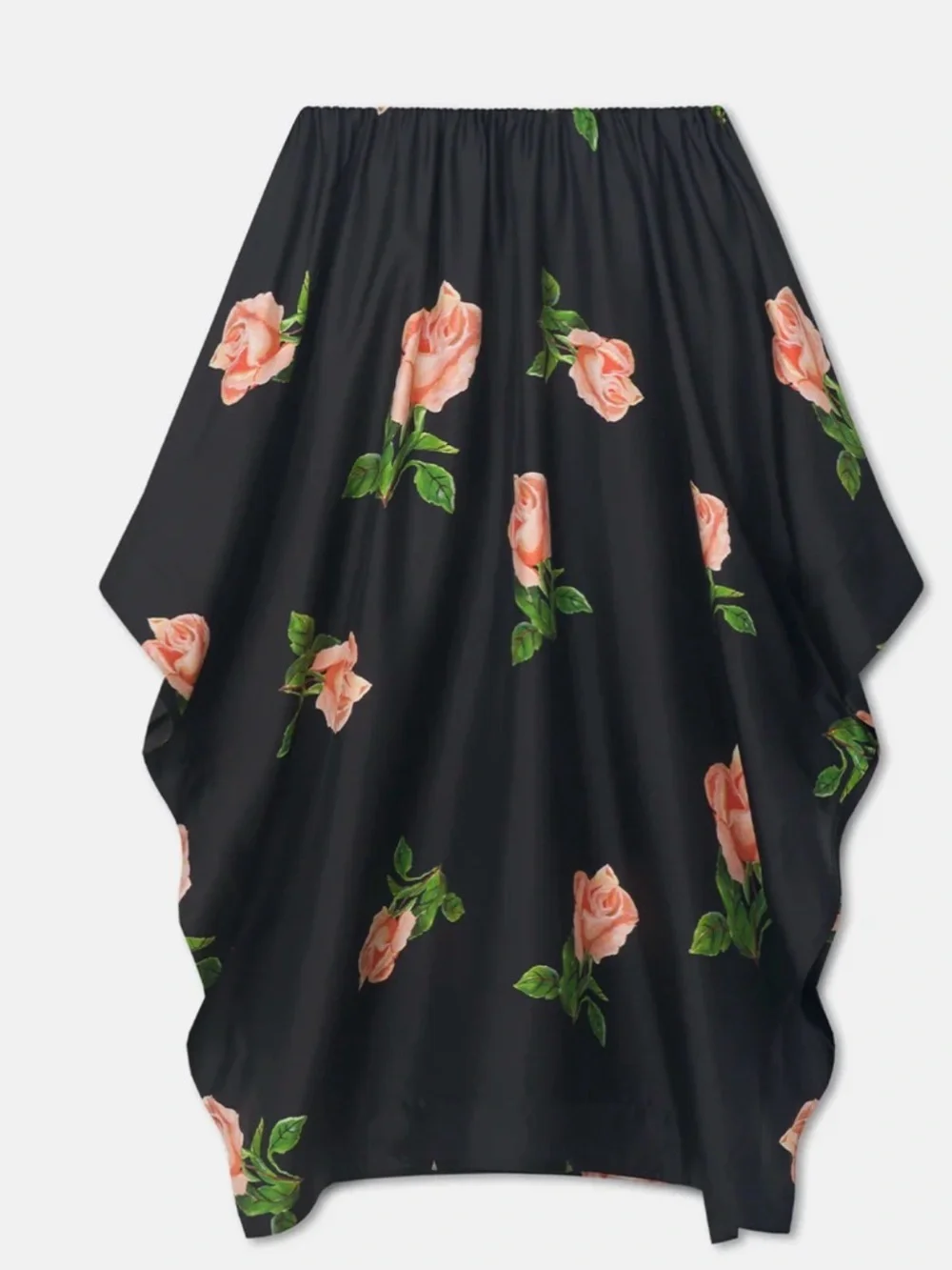 BNWT 100% SILK Nanushka Black Handkerchief-Hem Maxi Skirt with Peach Rose Print